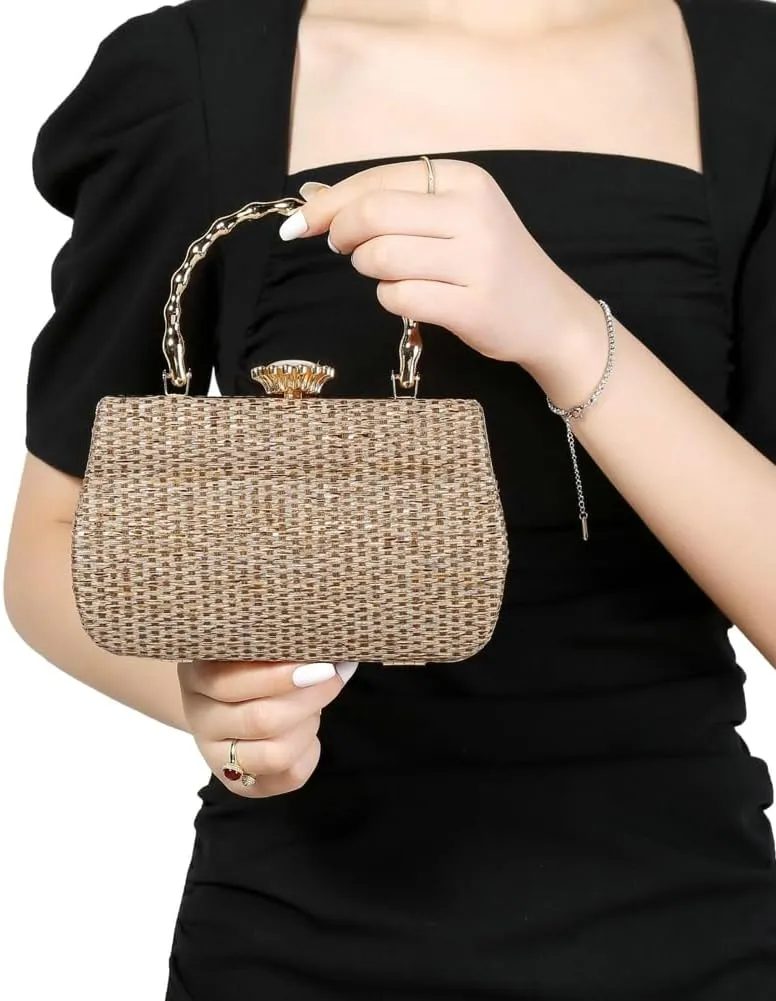 Rungion Womens Straw Clutch Purse Wicker Woven Evening Handbag Chain Party Wedding Summer Beach Crossbody Shoulder Bag