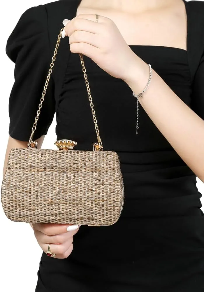 Rungion Womens Straw Clutch Purse Wicker Woven Evening Handbag Chain Party Wedding Summer Beach Crossbody Shoulder Bag