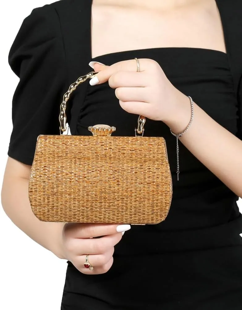 Rungion Womens Straw Clutch Purse Wicker Woven Evening Handbag Chain Party Wedding Summer Beach Crossbody Shoulder Bag