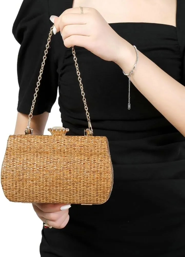Rungion Womens Straw Clutch Purse Wicker Woven Evening Handbag Chain Party Wedding Summer Beach Crossbody Shoulder Bag