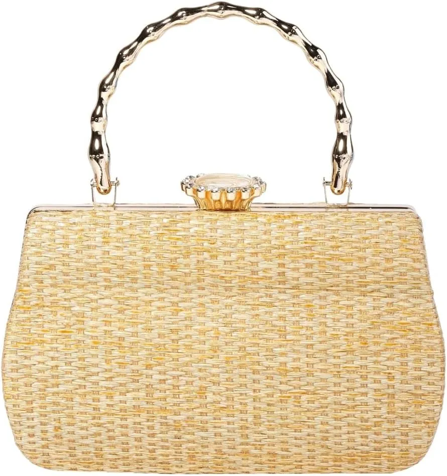 Rungion Womens Straw Clutch Purse Wicker Woven Evening Handbag Chain Party Wedding Summer Beach Crossbody Shoulder Bag