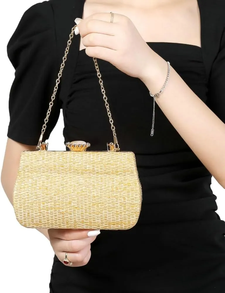 Rungion Womens Straw Clutch Purse Wicker Woven Evening Handbag Chain Party Wedding Summer Beach Crossbody Shoulder Bag