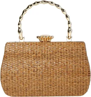 Rungion Womens Straw Clutch Purse Wicker Woven Evening Handbag Chain Party Wedding Summer Beach Crossbody Shoulder Bag