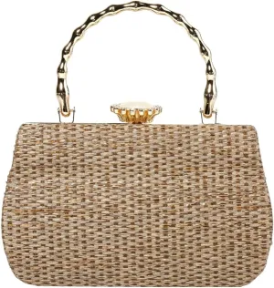 Rungion Womens Straw Clutch Purse Wicker Woven Evening Handbag Chain Party Wedding Summer Beach Crossbody Shoulder Bag