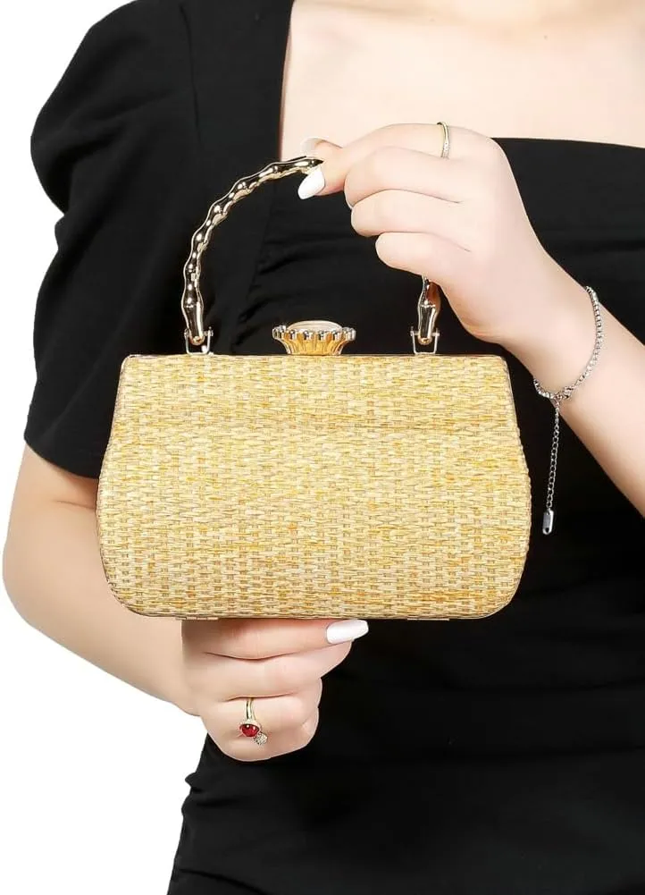 Rungion Womens Straw Clutch Purse Wicker Woven Evening Handbag Chain Party Wedding Summer Beach Crossbody Shoulder Bag