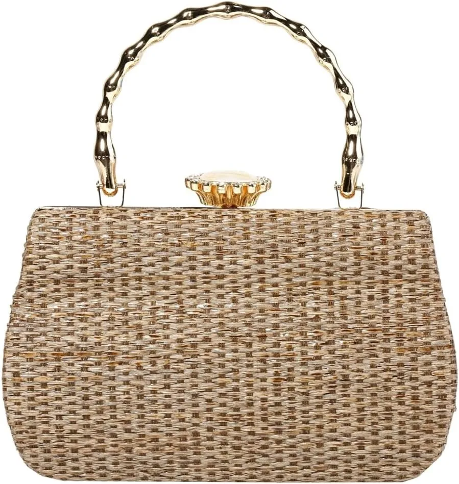 Rungion Womens Straw Clutch Purse Wicker Woven Evening Handbag Chain Party Wedding Summer Beach Crossbody Shoulder Bag