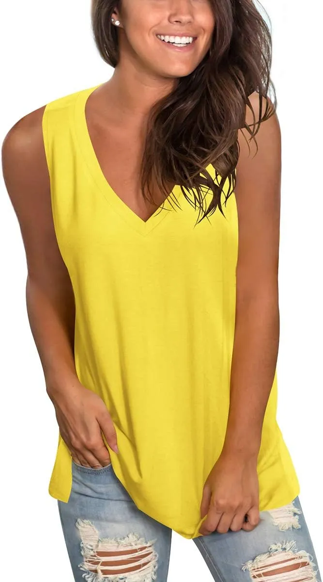 SAMPEEL Womens Summer Tank Tops Basic Tanks V Neck Sleeveless T Shirts Side Split