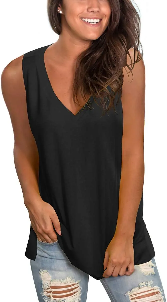 SAMPEEL Womens Summer Tank Tops Basic Tanks V Neck Sleeveless T Shirts Side Split