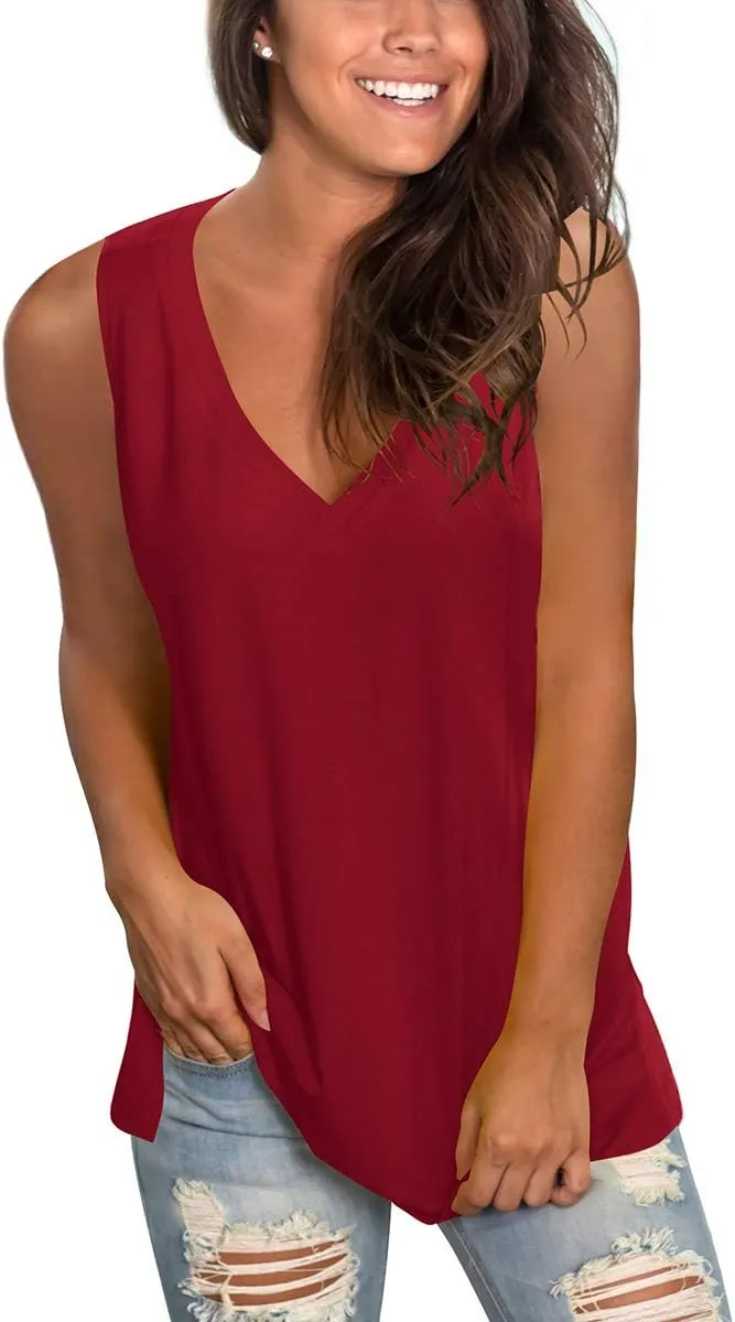 SAMPEEL Womens Summer Tank Tops Basic Tanks V Neck Sleeveless T Shirts Side Split