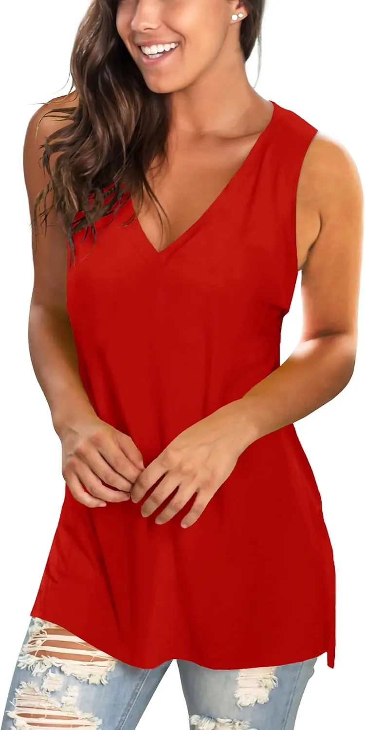 SAMPEEL Womens Summer Tank Tops Basic Tanks V Neck Sleeveless T Shirts Side Split