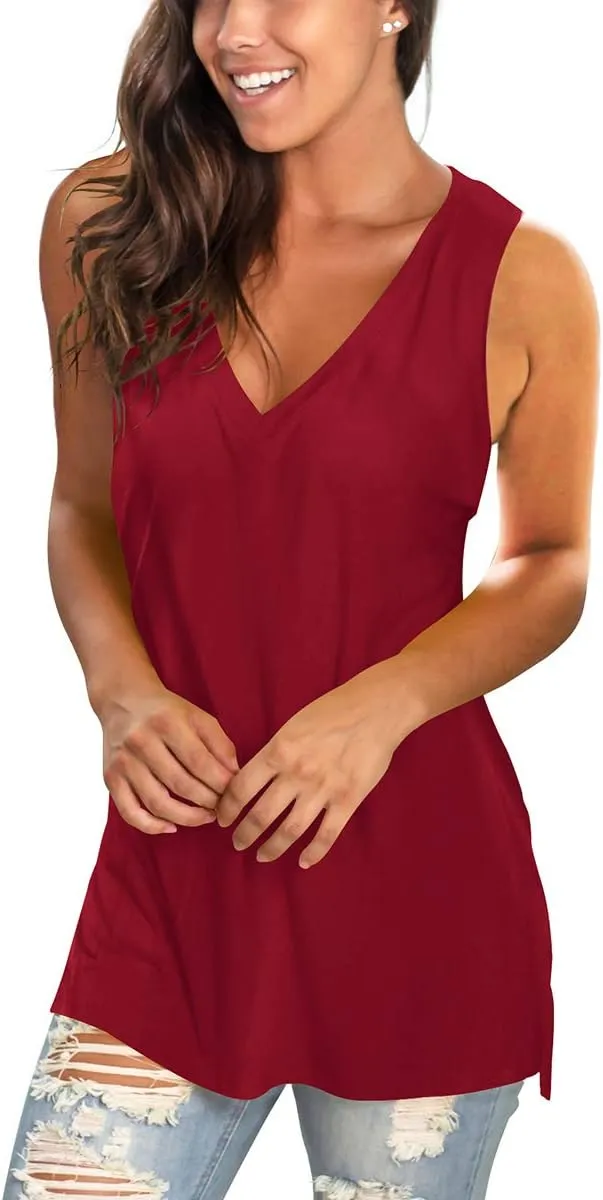 SAMPEEL Womens Summer Tank Tops Basic Tanks V Neck Sleeveless T Shirts Side Split