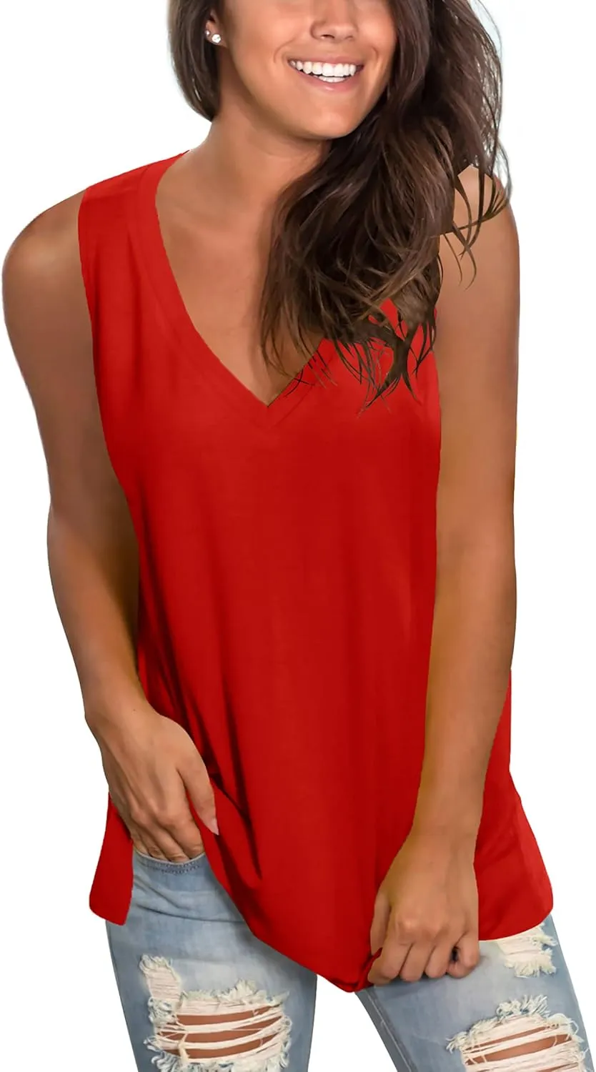 SAMPEEL Womens Summer Tank Tops Basic Tanks V Neck Sleeveless T Shirts Side Split