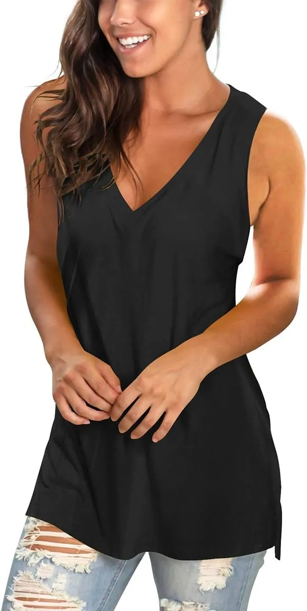 SAMPEEL Womens Summer Tank Tops Basic Tanks V Neck Sleeveless T Shirts Side Split