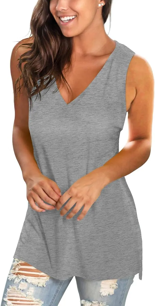 SAMPEEL Womens Summer Tank Tops Basic Tanks V Neck Sleeveless T Shirts Side Split