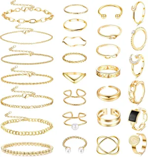 Sanfenly Chain Bracelet & Knuckle Stackable Rings Set for Women Gold/Silver Plated Stack Chain Link Bracelets Bangle Retro Vintage Joint Finger Rings Jewelry Set for Women Egril