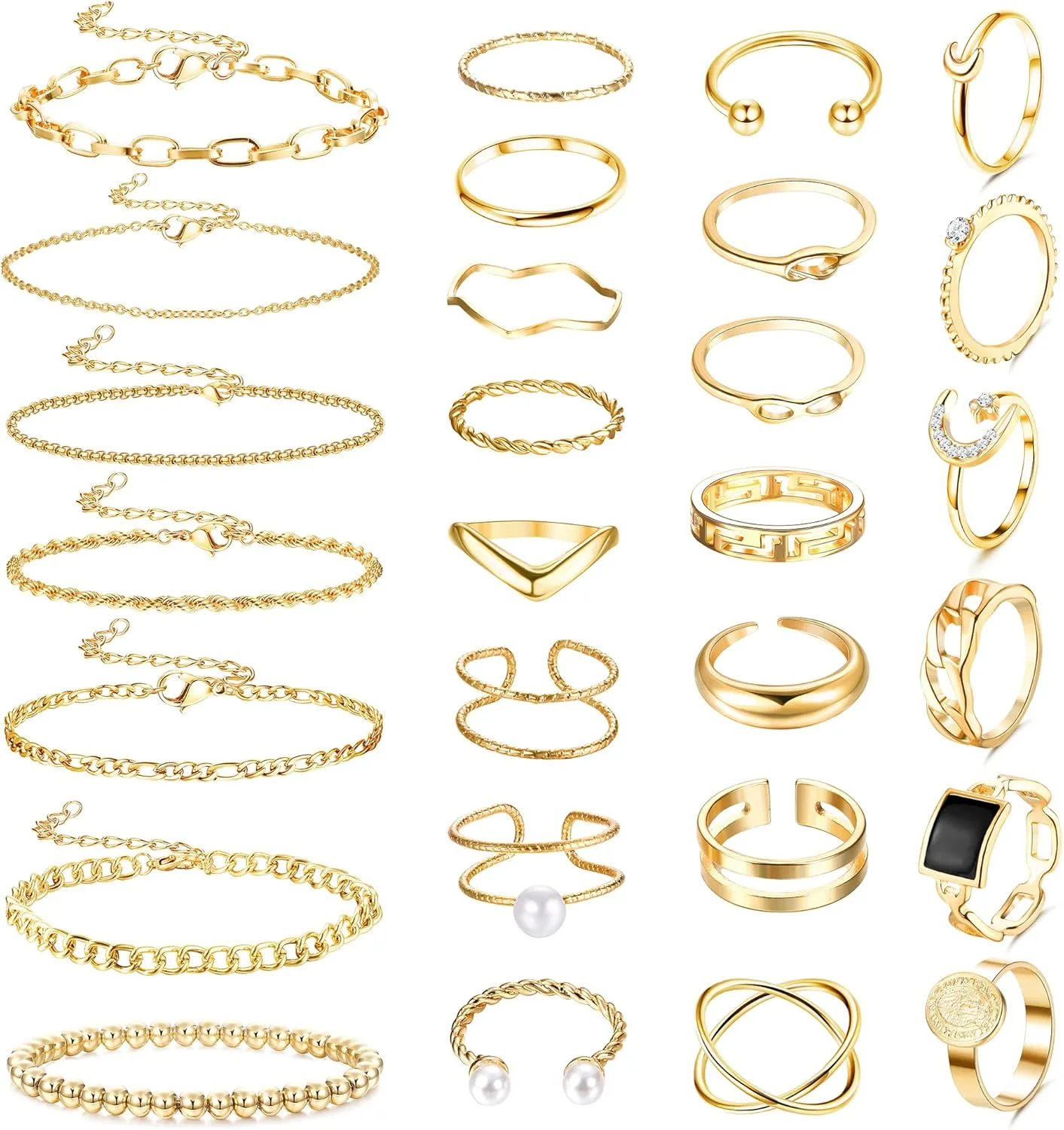 Sanfenly Chain Bracelet & Knuckle Stackable Rings Set for Women Gold/Silver Plated Stack Chain Link Bracelets Bangle Retro Vintage Joint Finger Rings Jewelry Set for Women Egril