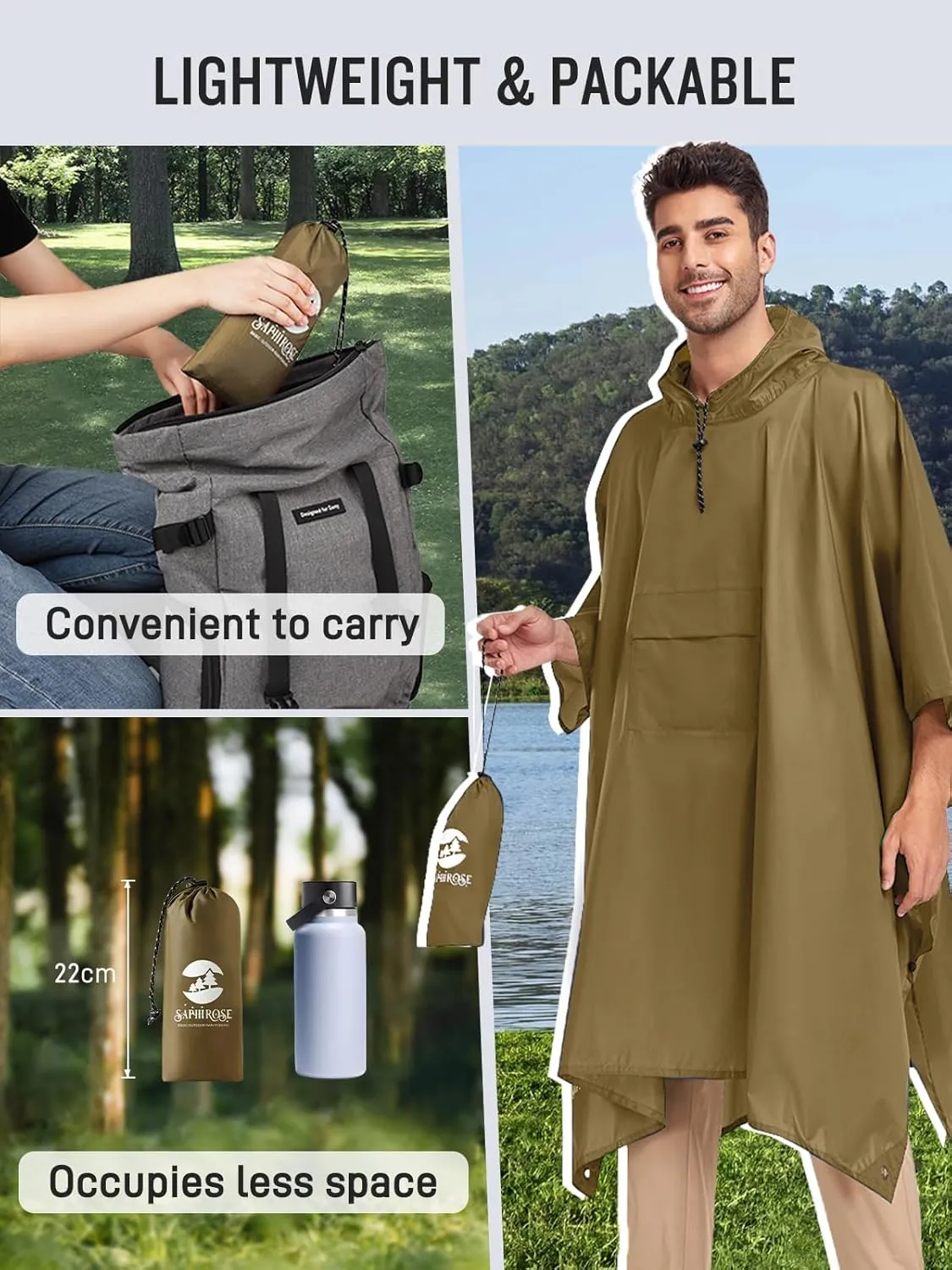 SaphiRose Extra Thick Hooded Rain Poncho Double Layer Waterproof Raincoat Jacket for Men Women Adults
