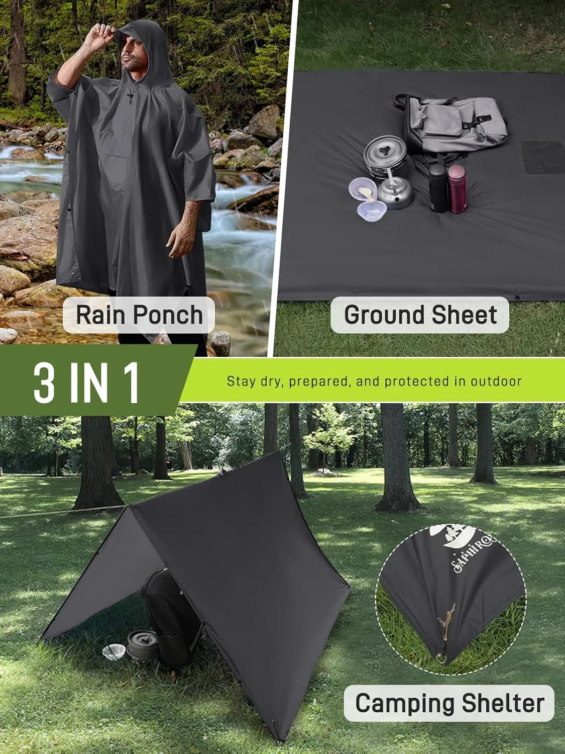SaphiRose Extra Thick Hooded Rain Poncho Double Layer Waterproof Raincoat Jacket for Men Women Adults