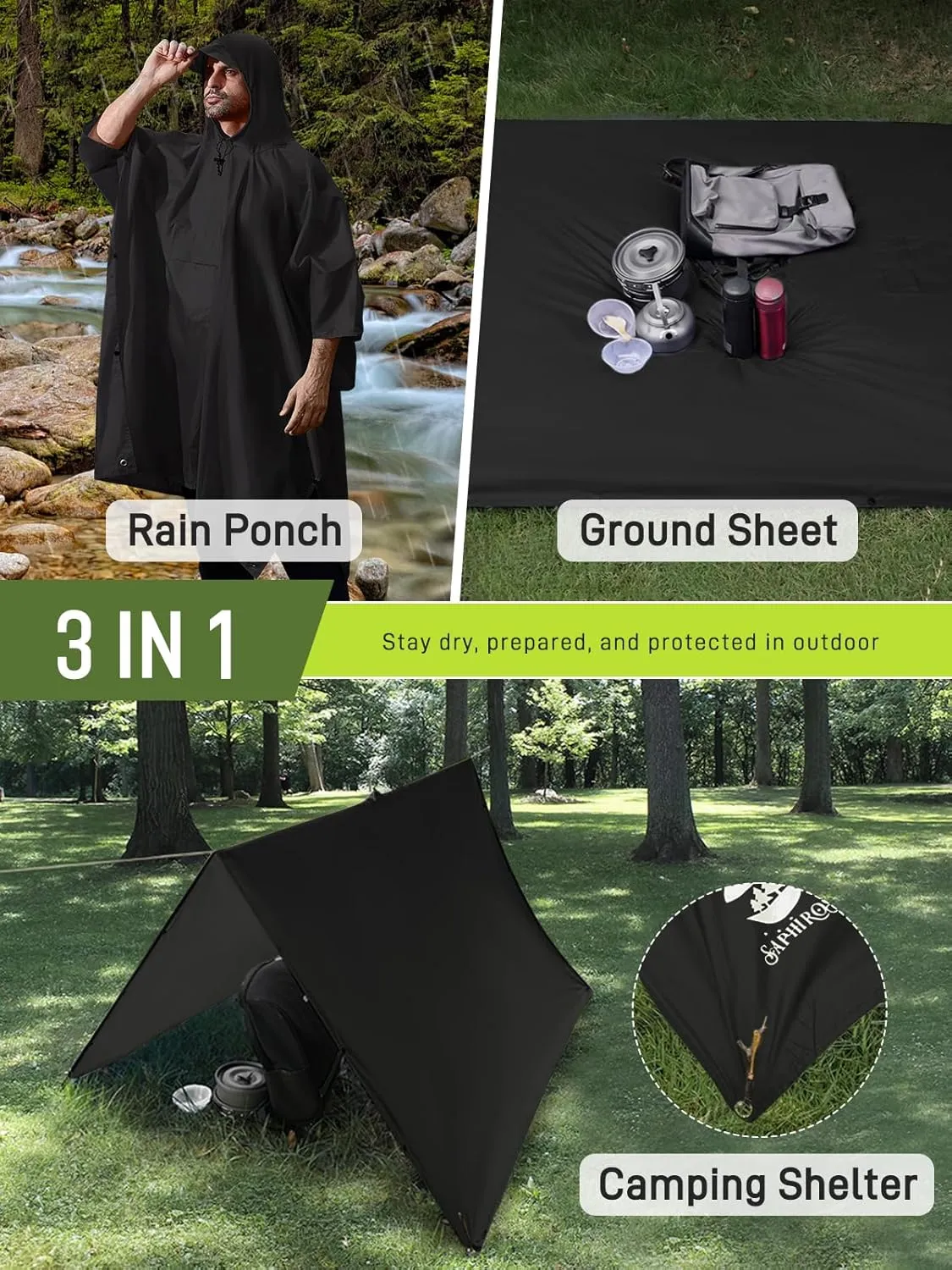 SaphiRose Extra Thick Hooded Rain Poncho Double Layer Waterproof Raincoat Jacket for Men Women Adults