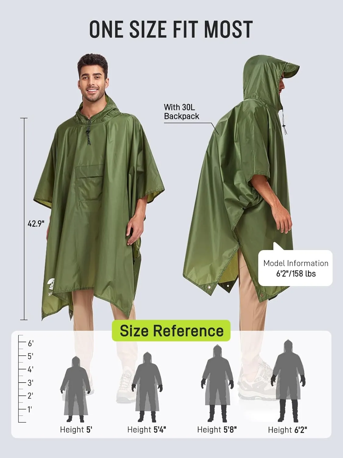 SaphiRose Extra Thick Hooded Rain Poncho Double Layer Waterproof Raincoat Jacket for Men Women Adults