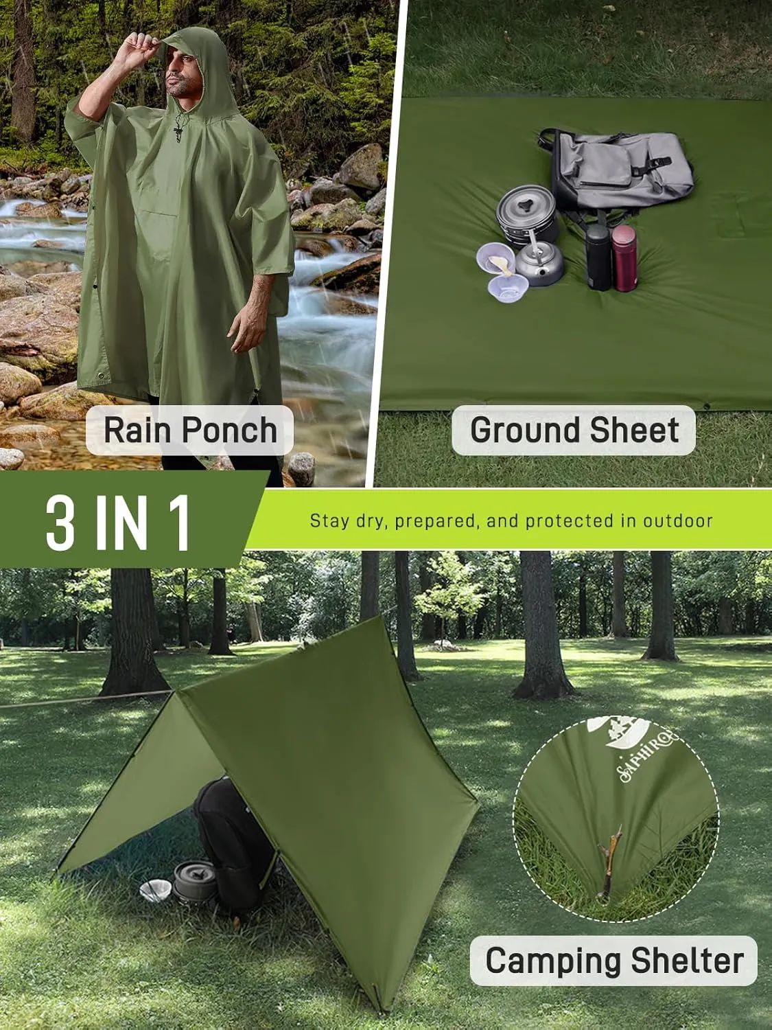 SaphiRose Extra Thick Hooded Rain Poncho Double Layer Waterproof Raincoat Jacket for Men Women Adults