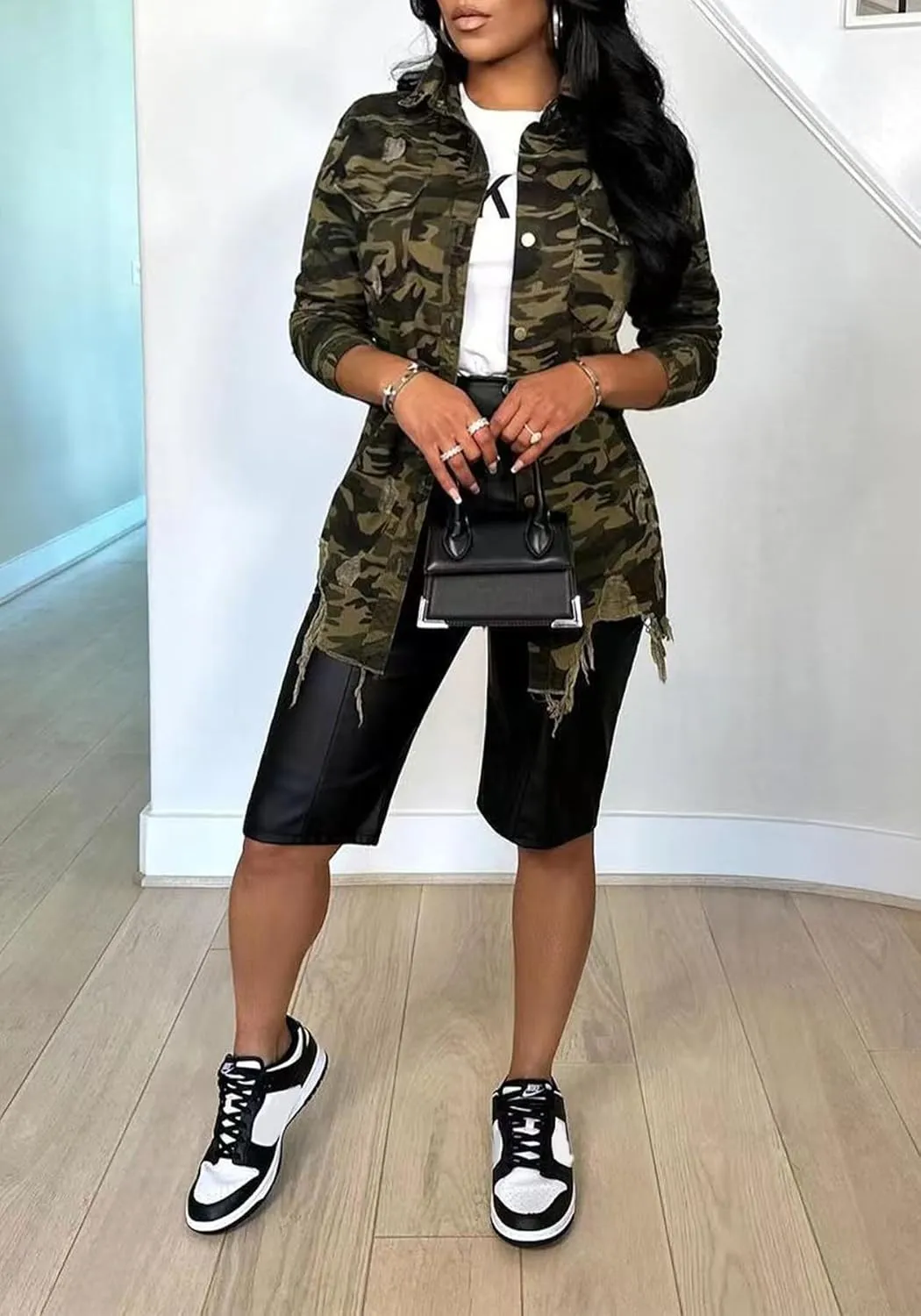 Seltaon Casual Ripped Camo Jacket for Women Fall Camouflage Army Fatigue Green Jackets Coat Plus Size