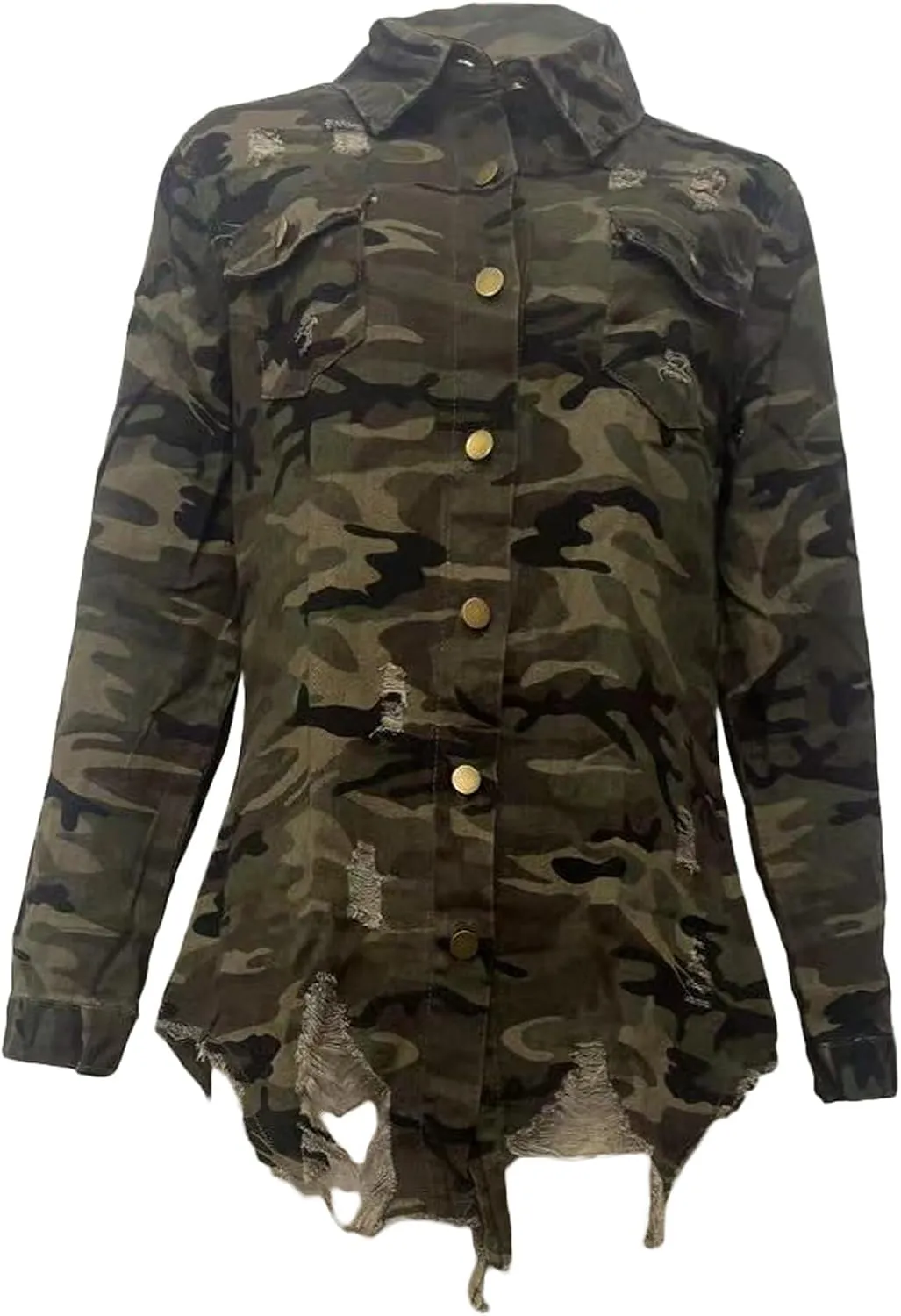 Seltaon Casual Ripped Camo Jacket for Women Fall Camouflage Army Fatigue Green Jackets Coat Plus Size
