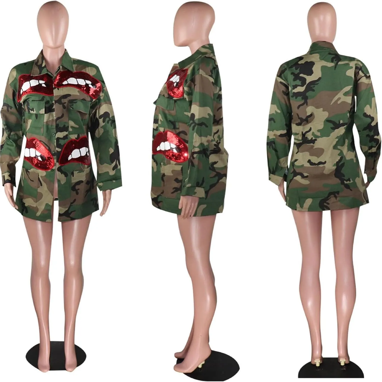 Seltaon Casual Ripped Camo Jacket for Women Fall Camouflage Army Fatigue Green Jackets Coat Plus Size