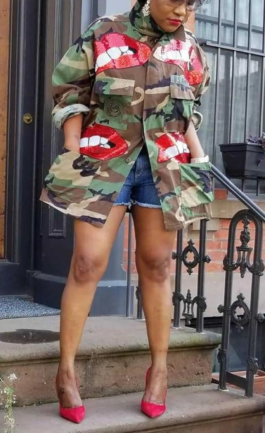 Seltaon Casual Ripped Camo Jacket for Women Fall Camouflage Army Fatigue Green Jackets Coat Plus Size