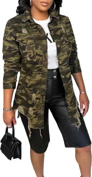 Seltaon Casual Ripped Camo Jacket for Women Fall Camouflage Army Fatigue Green Jackets Coat Plus Size