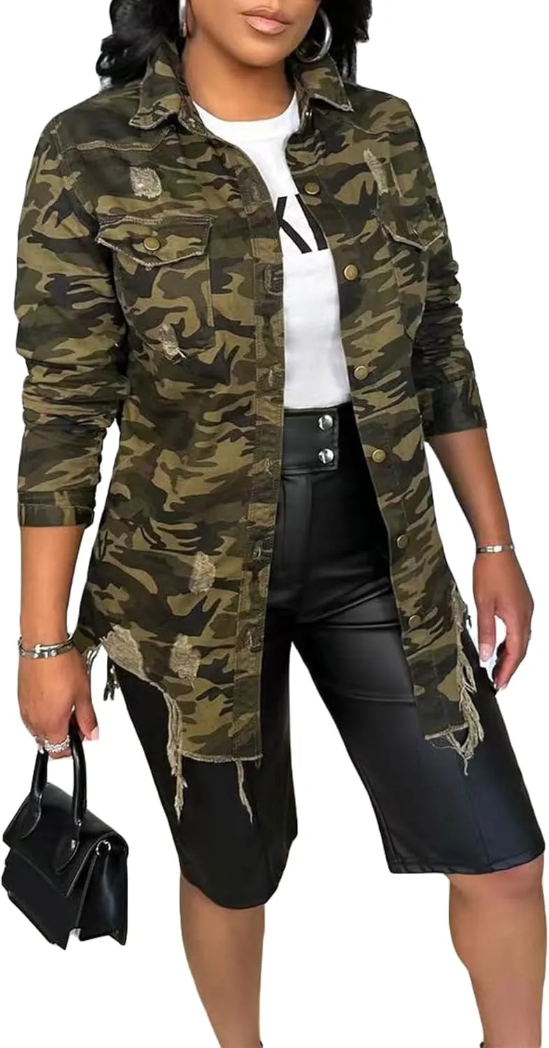 Seltaon Casual Ripped Camo Jacket for Women Fall Camouflage Army Fatigue Green Jackets Coat Plus Size