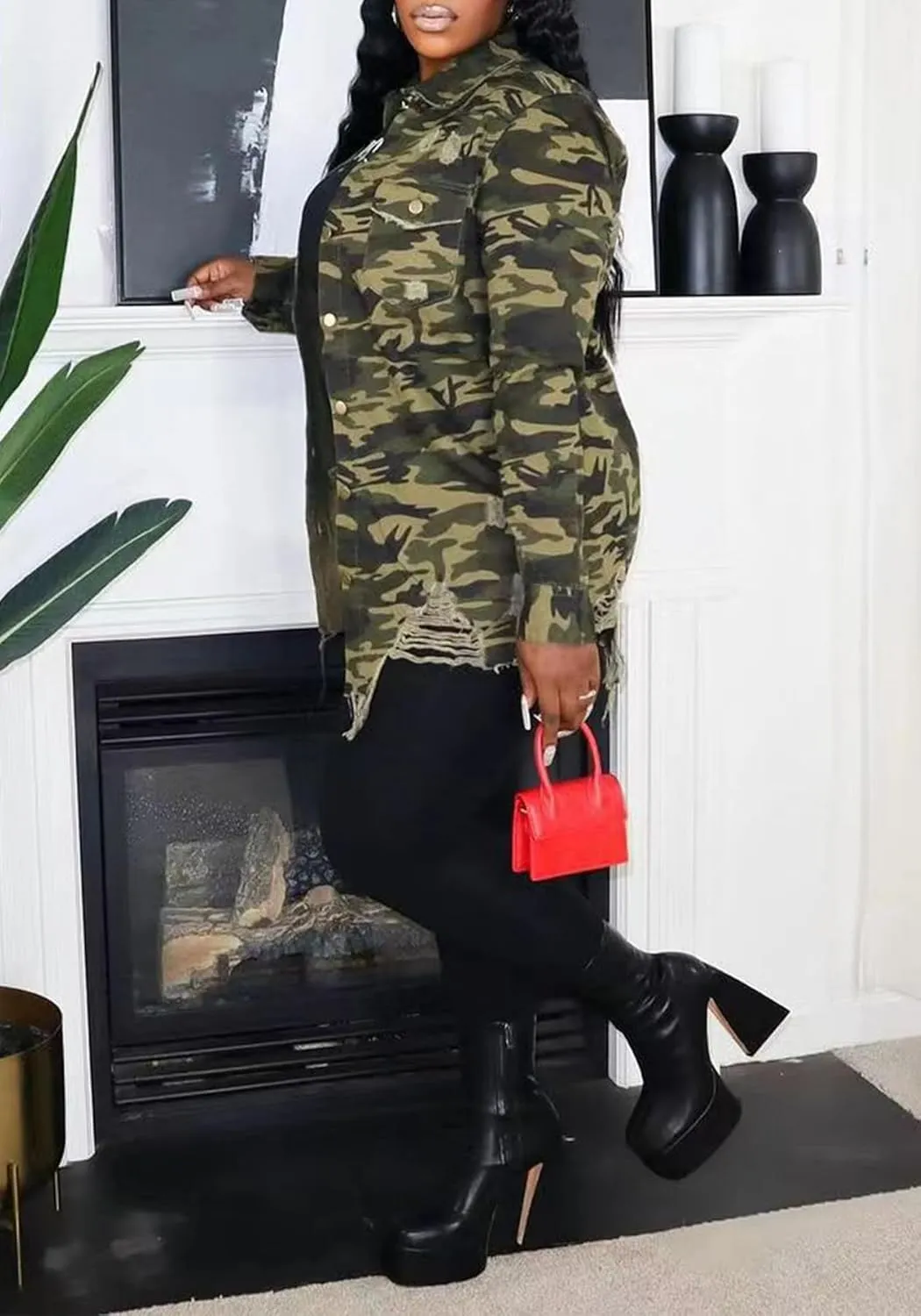 Seltaon Casual Ripped Camo Jacket for Women Fall Camouflage Army Fatigue Green Jackets Coat Plus Size