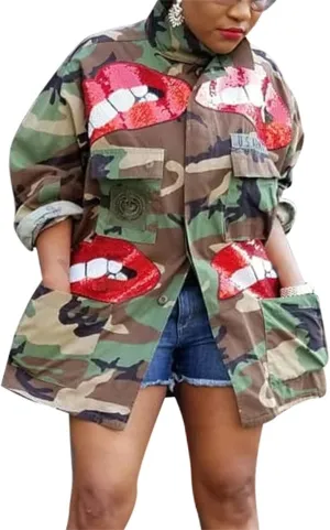Seltaon Casual Ripped Camo Jacket for Women Fall Camouflage Army Fatigue Green Jackets Coat Plus Size