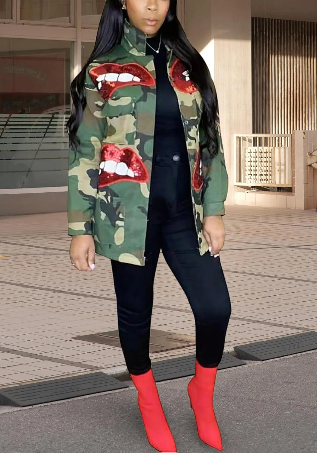 Seltaon Casual Ripped Camo Jacket for Women Fall Camouflage Army Fatigue Green Jackets Coat Plus Size