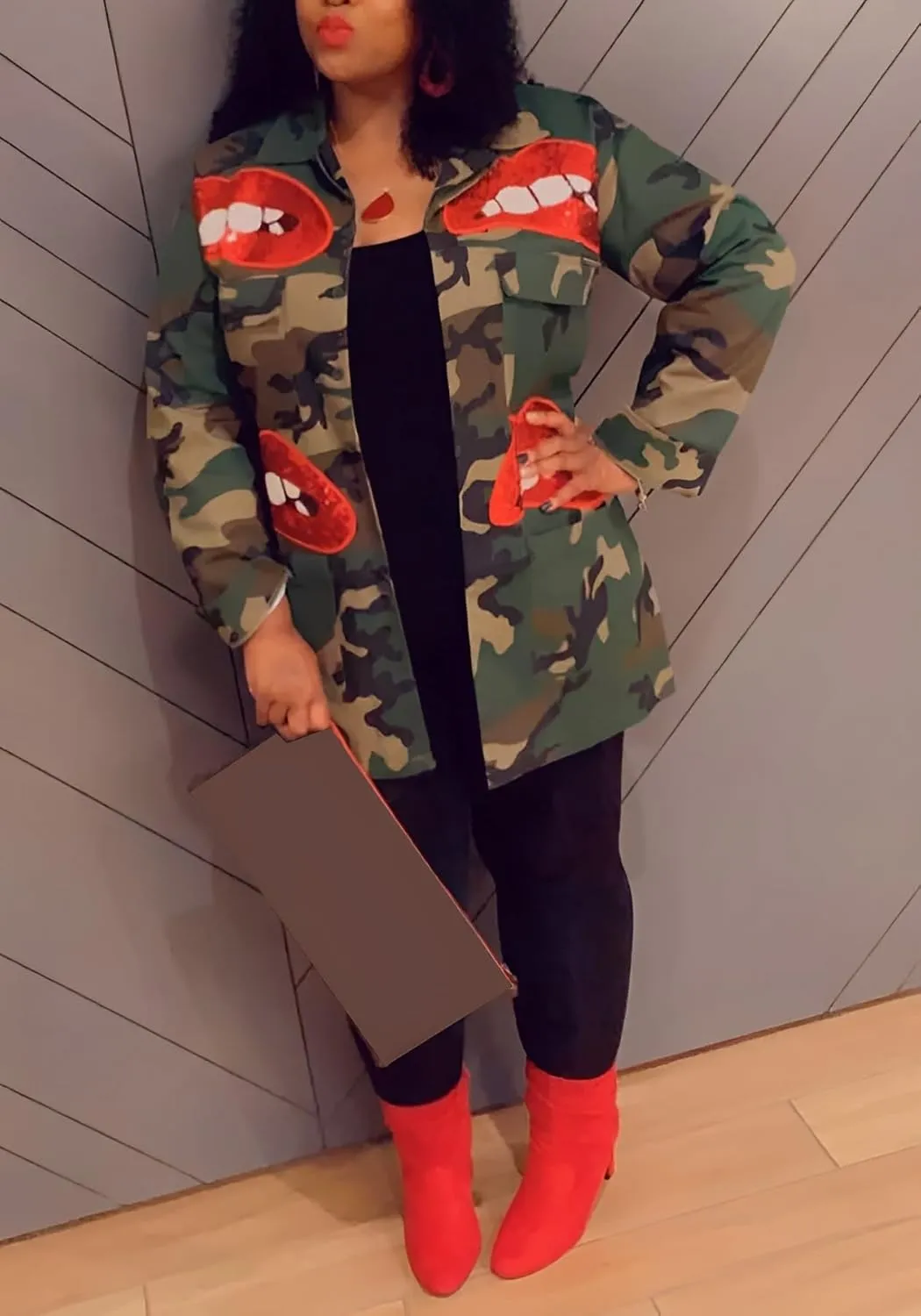 Seltaon Casual Ripped Camo Jacket for Women Fall Camouflage Army Fatigue Green Jackets Coat Plus Size