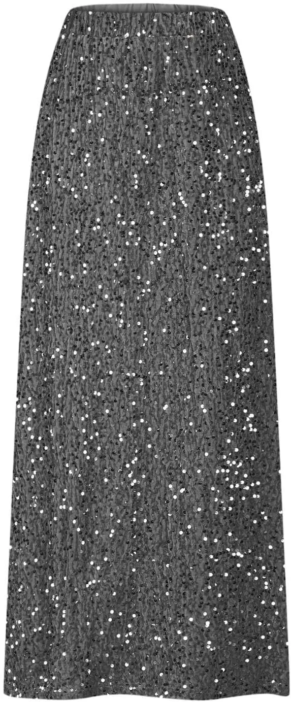 Sequin Party Maxi Skirts for Women High Waisted Plus Size Stretchy Sparkly Skirt Elegant Cocktail Dress