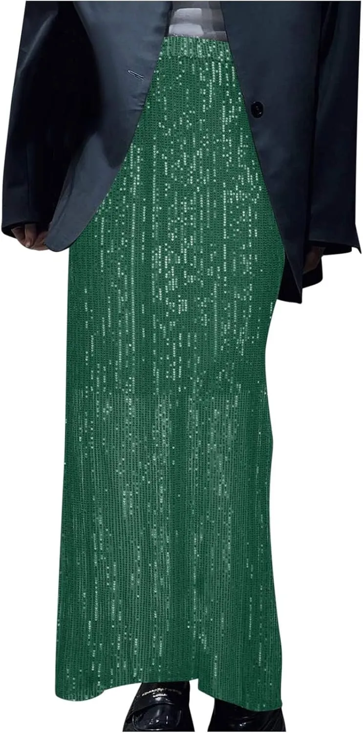 Sequin Party Maxi Skirts for Women High Waisted Plus Size Stretchy Sparkly Skirt Elegant Cocktail Dress