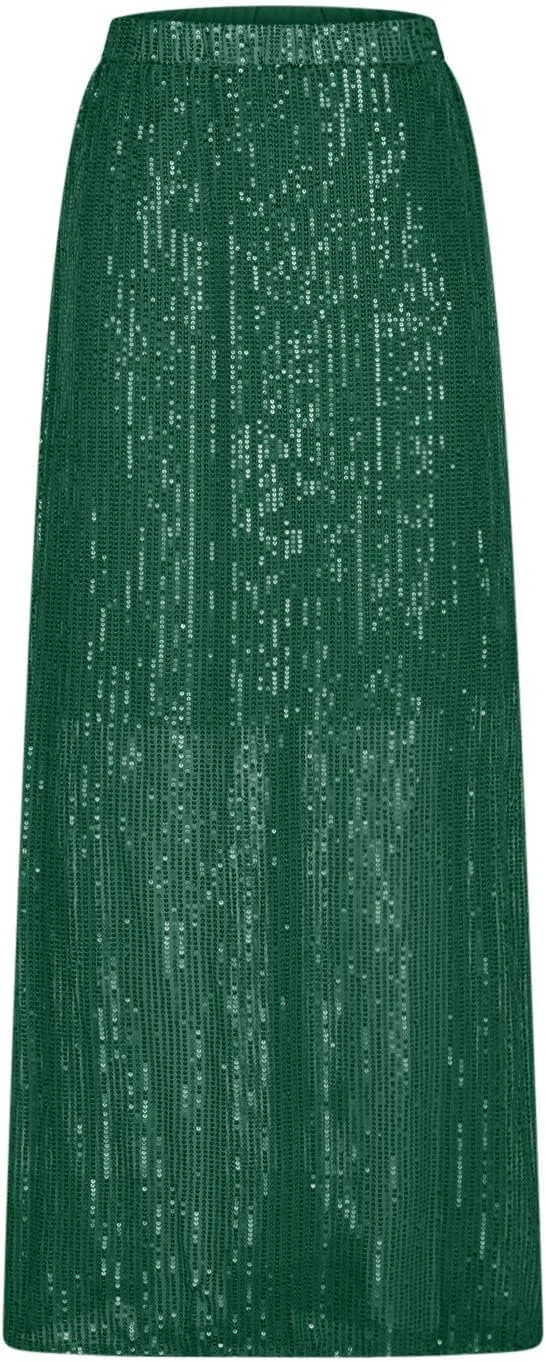 Sequin Party Maxi Skirts for Women High Waisted Plus Size Stretchy Sparkly Skirt Elegant Cocktail Dress