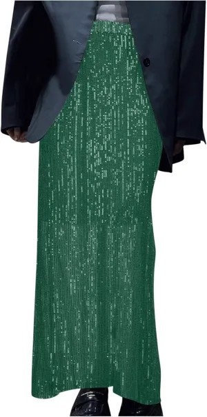 Sequin Party Maxi Skirts for Women High Waisted Plus Size Stretchy Sparkly Skirt Elegant Cocktail Dress