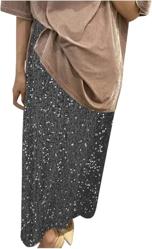 Sequin Party Maxi Skirts for Women High Waisted Plus Size Stretchy Sparkly Skirt Elegant Cocktail Dress