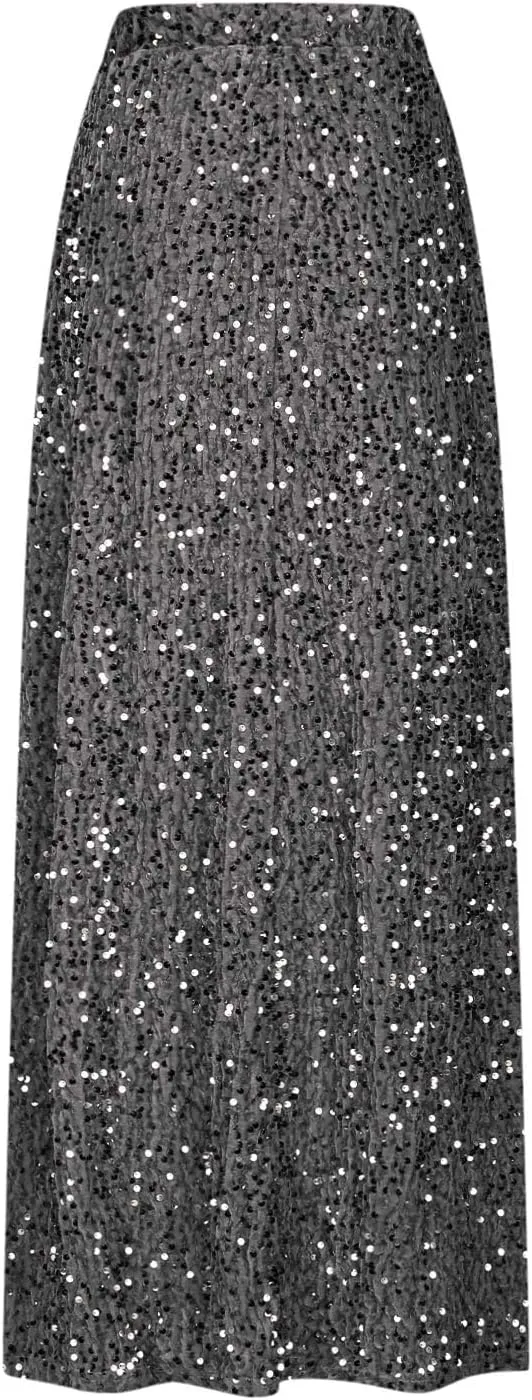 Sequin Party Maxi Skirts for Women High Waisted Plus Size Stretchy Sparkly Skirt Elegant Cocktail Dress