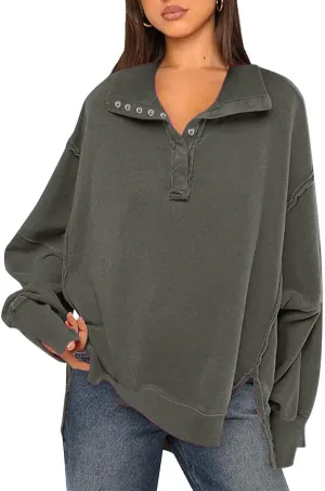 Shirts for Women Casual Long Sleeve Loose Classic Fit Sweatshirts V Neck Button Down Pullover Top Womens Fashion