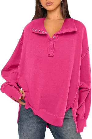 Shirts for Women Casual Long Sleeve Loose Classic Fit Sweatshirts V Neck Button Down Pullover Top Womens Fashion