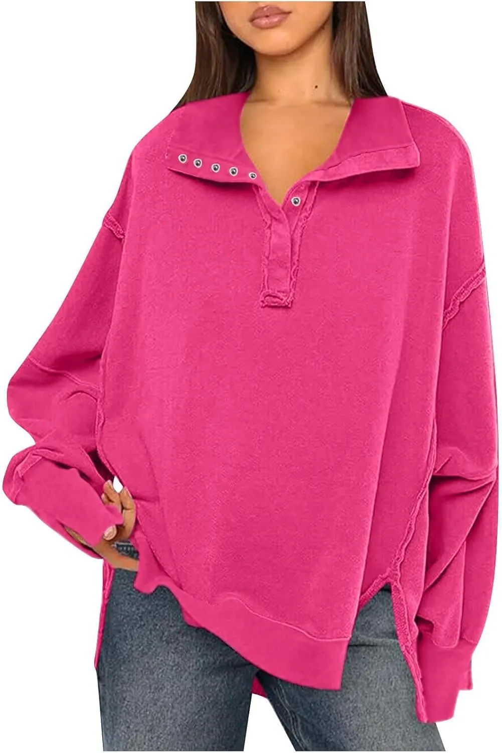 Shirts for Women Casual Long Sleeve Loose Classic Fit Sweatshirts V Neck Button Down Pullover Top Womens Fashion