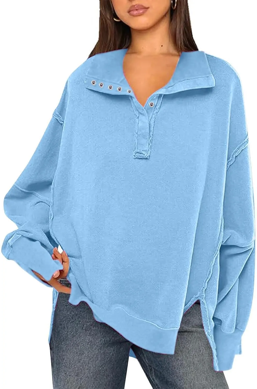 Shirts for Women Casual Long Sleeve Loose Classic Fit Sweatshirts V Neck Button Down Pullover Top Womens Fashion
