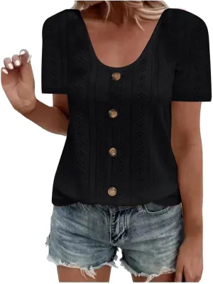 Short Sleeve Tops for Women Summer Tops Embroidery Hollow Scoop Neck T Shirts Plain Work Daily Dressy Casual Blouses