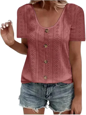 Short Sleeve Tops for Women Summer Tops Embroidery Hollow Scoop Neck T Shirts Plain Work Daily Dressy Casual Blouses