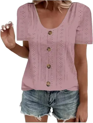 Short Sleeve Tops for Women Summer Tops Embroidery Hollow Scoop Neck T Shirts Plain Work Daily Dressy Casual Blouses