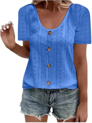 Short Sleeve Tops for Women Summer Tops Embroidery Hollow Scoop Neck T Shirts Plain Work Daily Dressy Casual Blouses