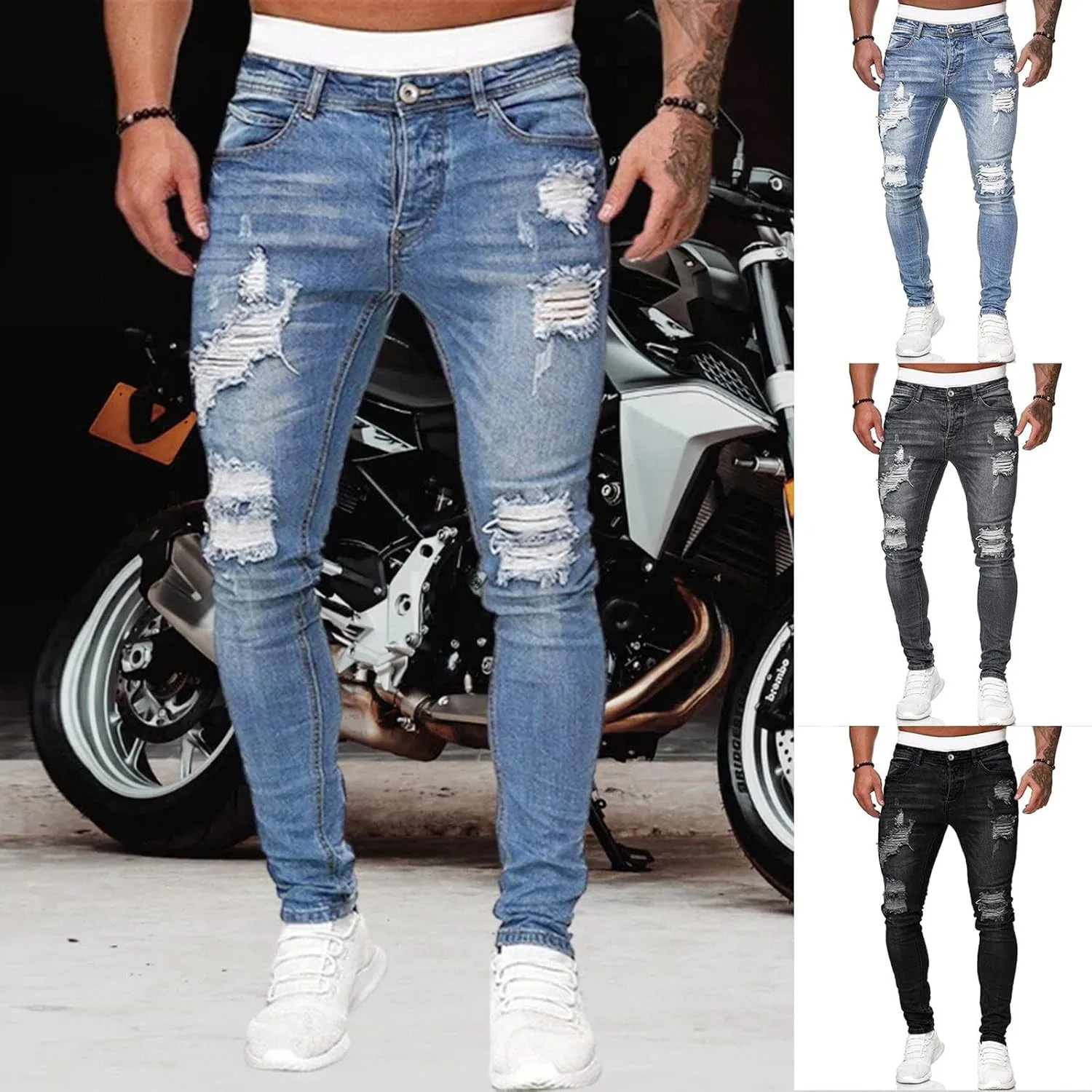 Slim Fit Ripped Jeans for Men Fashion Design Frayed Skinny Comfort Streetwear Denim Pants Stretch Fit Low Rise Jeans